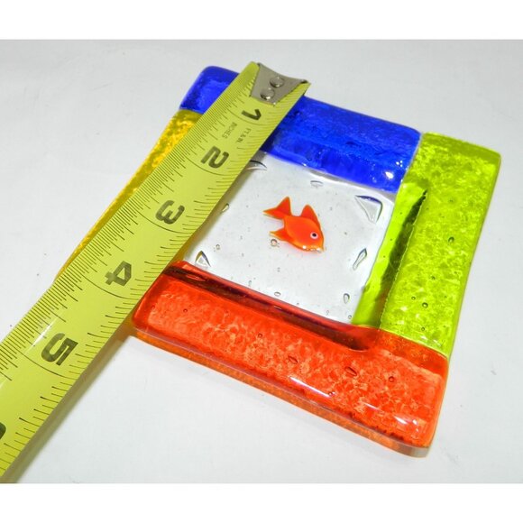 Handcrafted Colorful Glass Dish Fish Motif - 4" Square Ashtray Votive Candle - Picture 2 of 7
